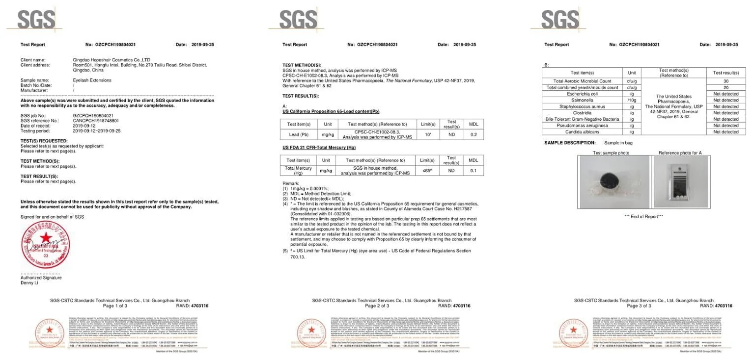 Raport SGS dla rzęs do przedłużania LashPlus — US Prop 65 (ołów) i US FDA (rtęć całkowita): Not Detected, panel mikrobiologiczny w granicach limitów USP