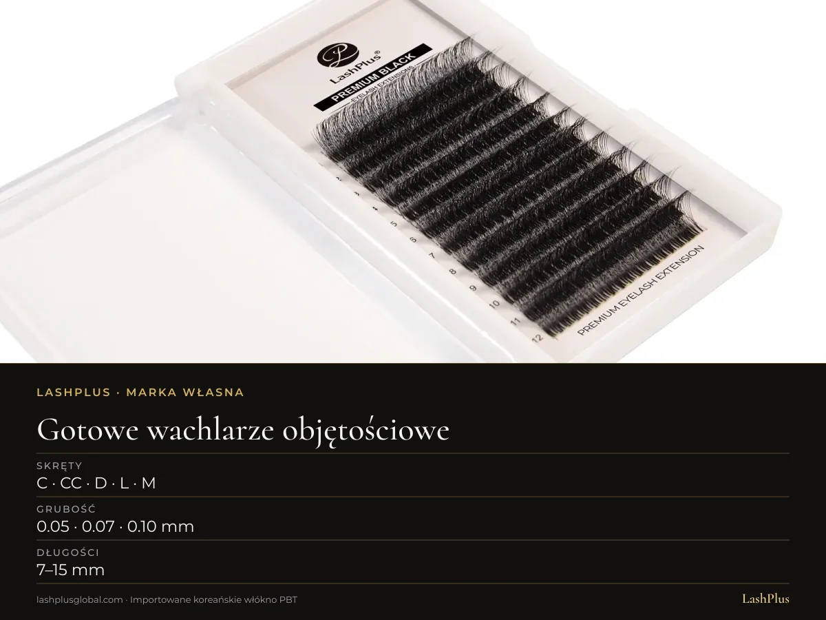 Paletka gotowych wachlarzy objętościowych LashPlus do przedłużania rzęs: C · CC · D · L · M skręt, 0.05 · 0.07 · 0.10 mm, 7–15 mm