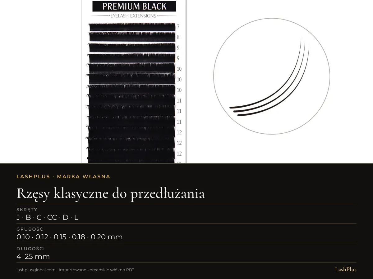Paletka klasycznych rzęs LashPlus 1:1: J · B · C · CC · D · L skręt, 0.10 · 0.12 · 0.15 · 0.18 · 0.20 mm, 4–25 mm