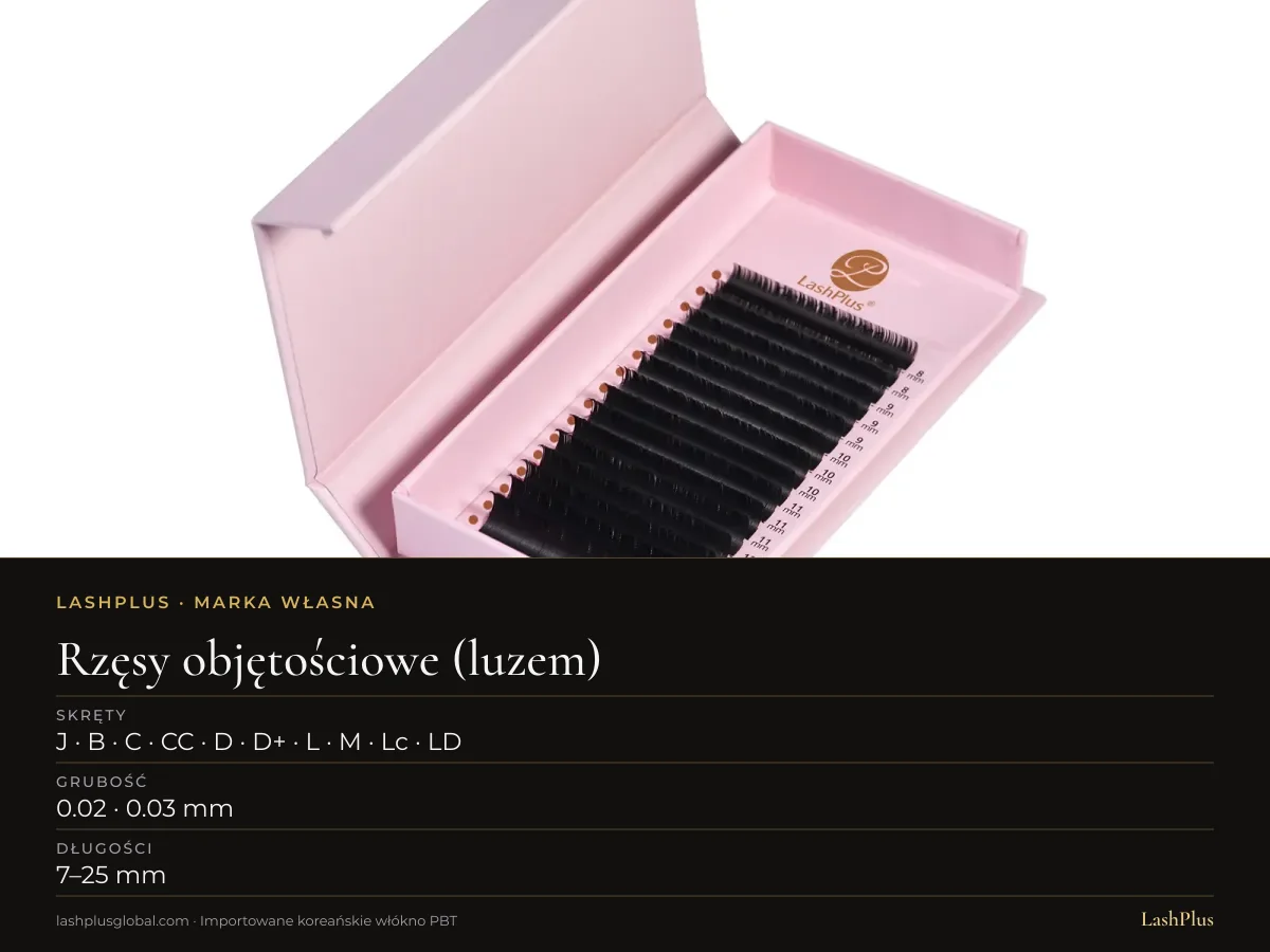 Paletka rzęs LashPlus Russian Volume luzem, szpiczasta baza, do ręcznego formowania wachlarzyków: J · B · C · CC · D · D+ · L · M · Lc · LD skręt, 7–25 mm